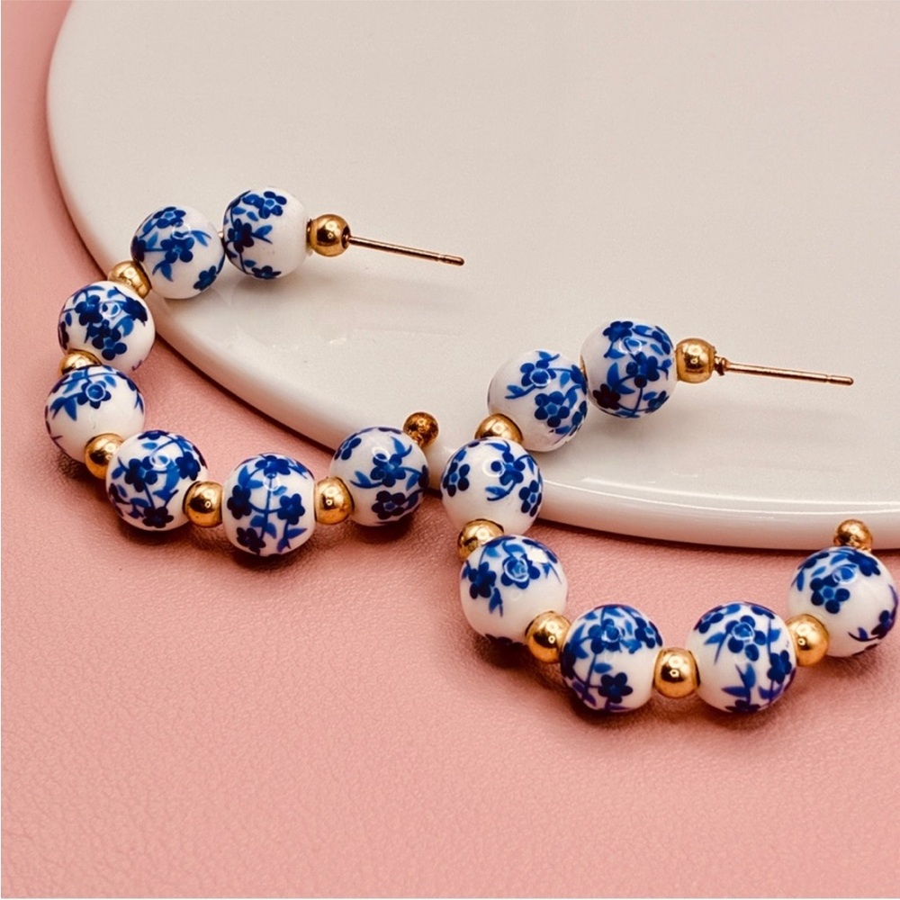 Handcrafted Blue & White Floral
Porcelain Beaded Open Hoop Earrings - Picture 6 of 9